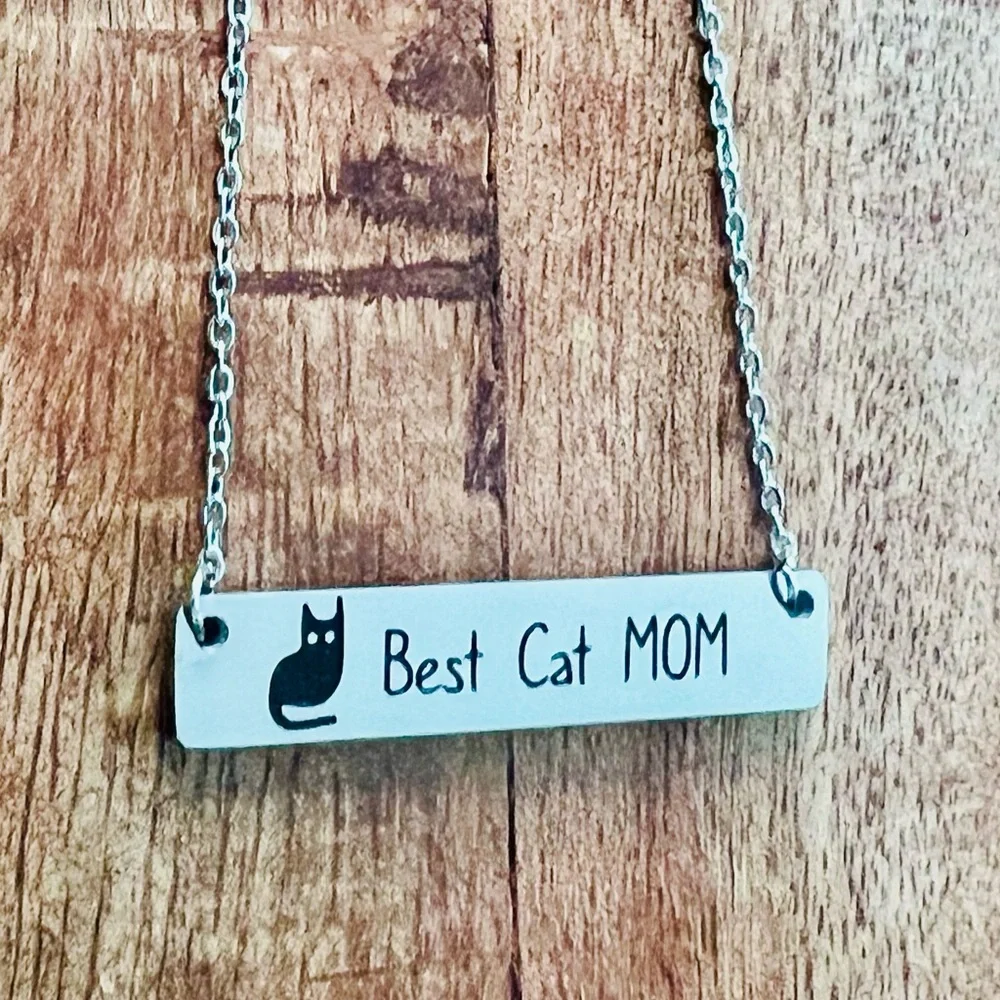 16” Silvertone Stainless Steel Best Cat MOM Black Cat Delicate Chain Necklace